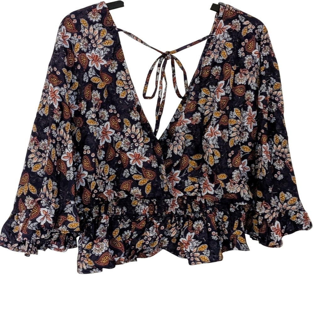 Angie Womens‎ Floral Paisley V-Neck Wide Sleeve Cropped Top Boho Large NEW